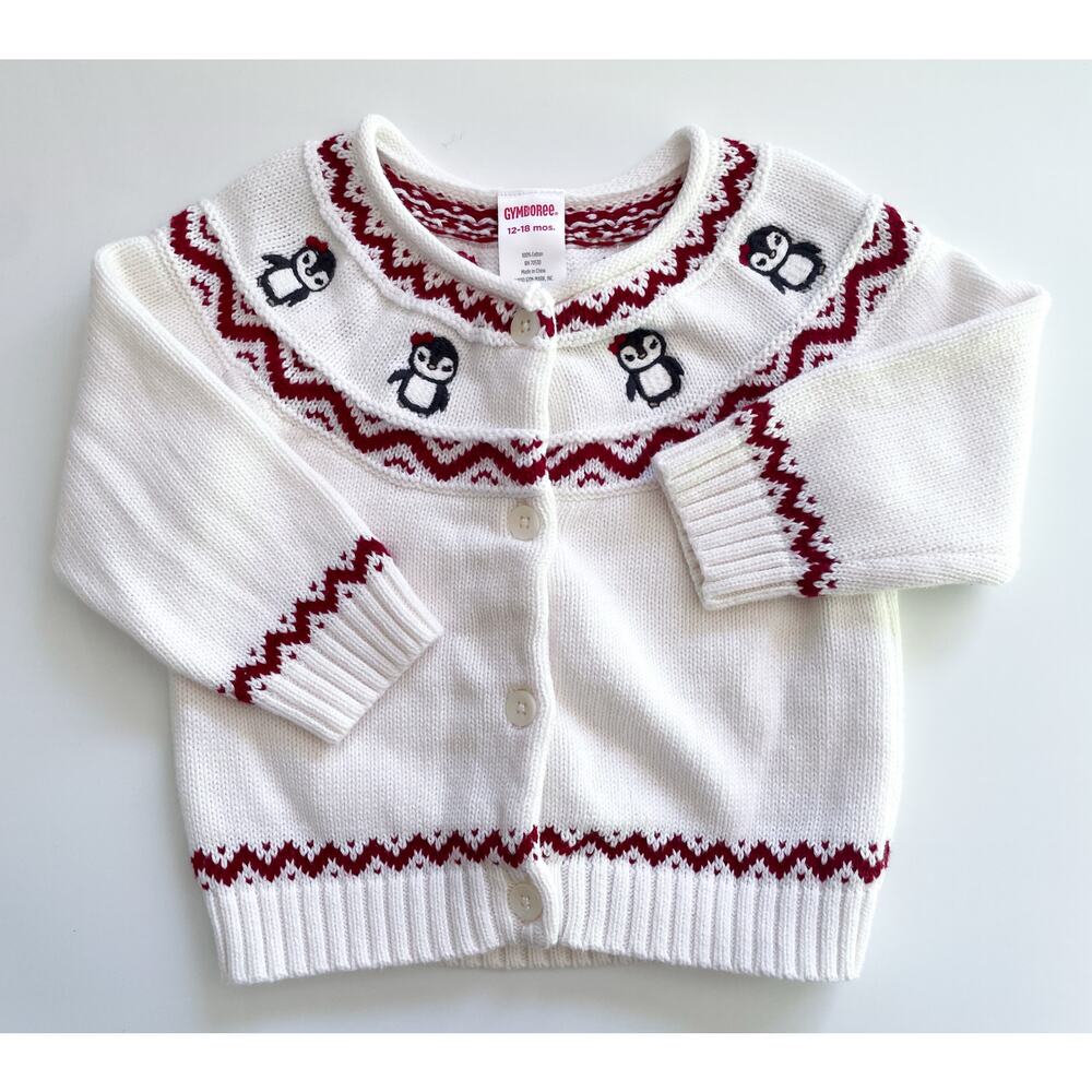 Gymboree Toddler Girl's White and Red Holiday Penguin Cardigan Size 12-18 Months